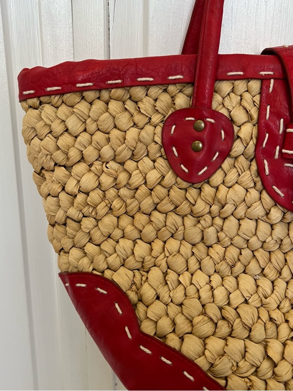 Straw Studios Natural Straw Tote with Red Trim and Handles - Picture 3 of 7